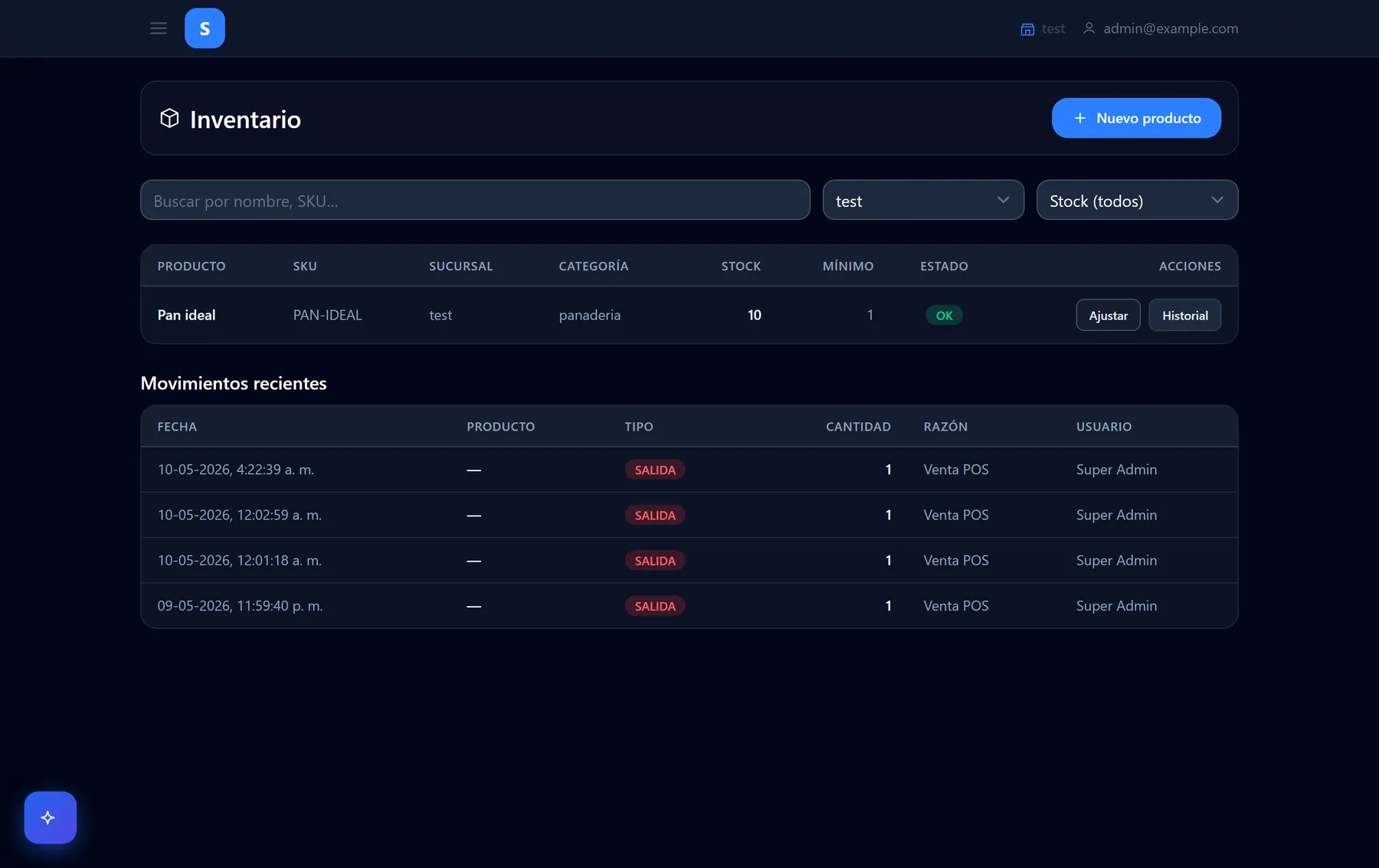 Módulo de inventario con control de stock y movimientos